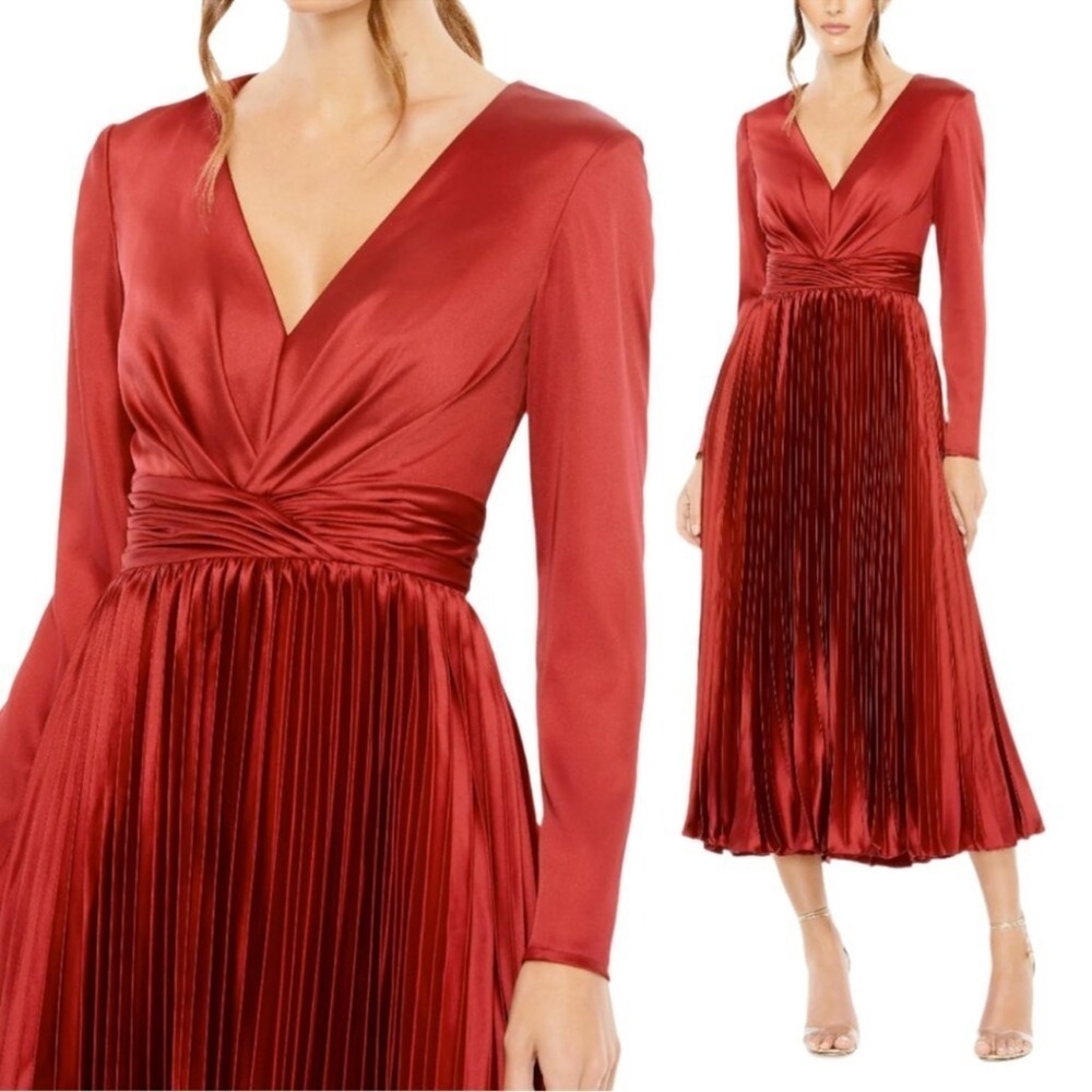 NWOT Ieena For Mac Duggal Red Pleated Long Sleeve V-Neck Dress Plum Sz 4